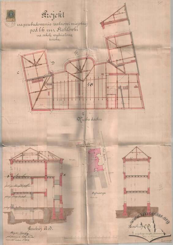 План даху і розрізи будинку (1888). Реконструкція будинку з добудовою