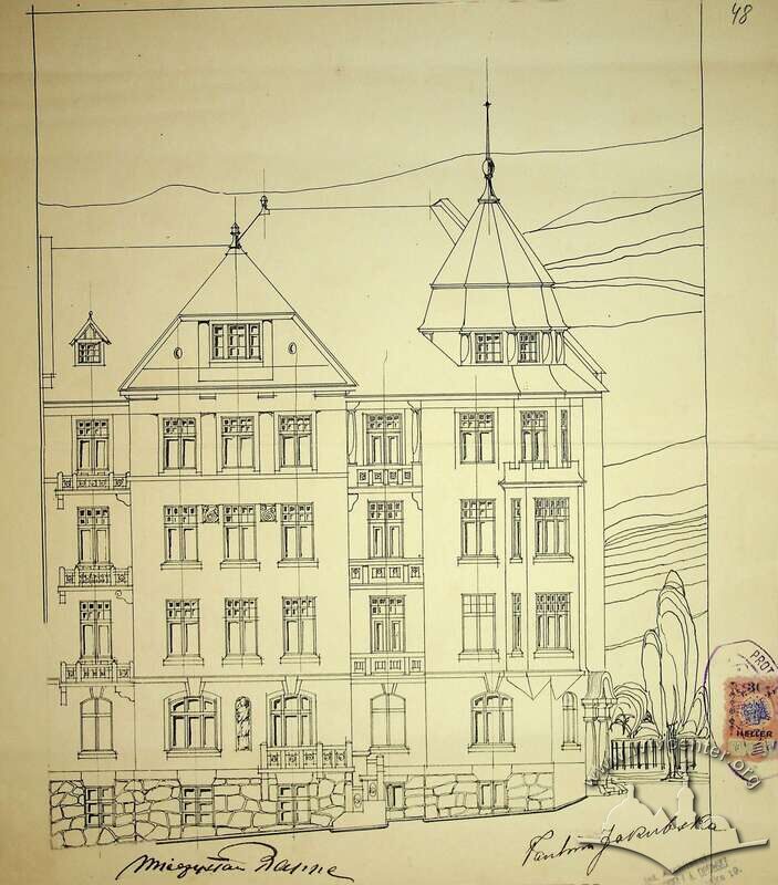 Фасад з боку вулиці Богуна. З первинного проєкту будинку 1913 року.