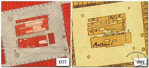 Вид середринкових кам'яниць станом на к. 18 століття на фрагментах планів Львова