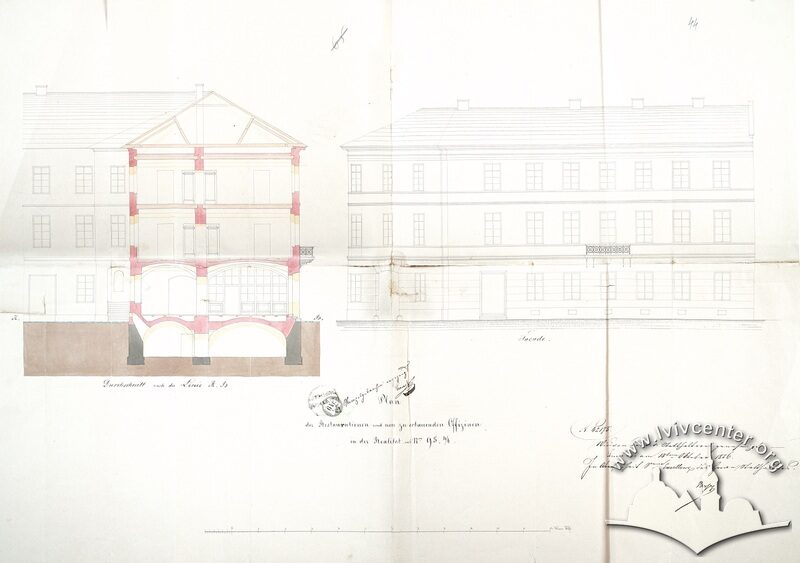 1856 рік. Розріз і головний фасад з проекту реконструкції розробленого на замовлення Карла Вернера