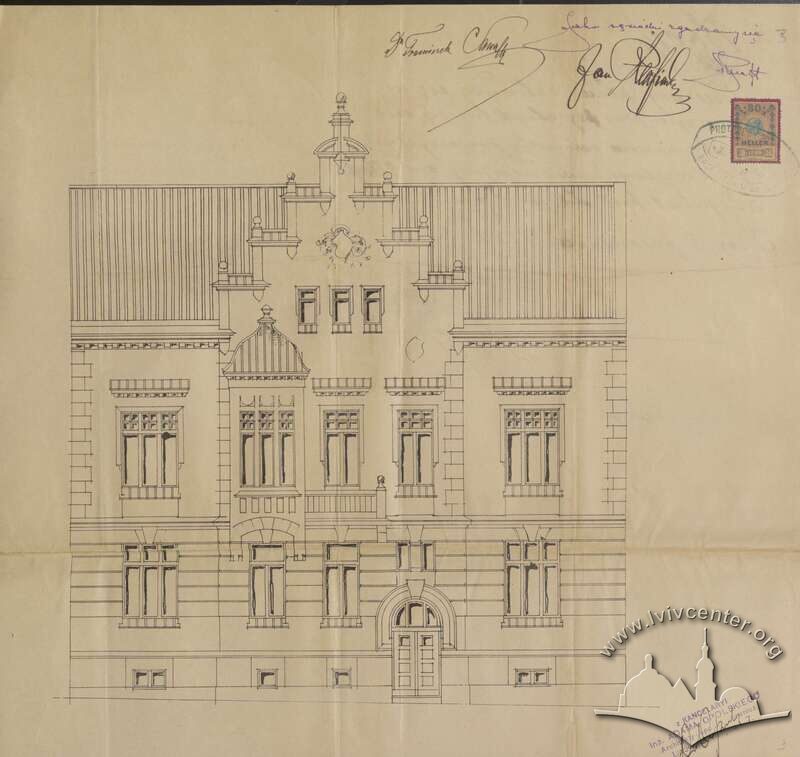 Головний фасад з первинного проєкту 1908 року