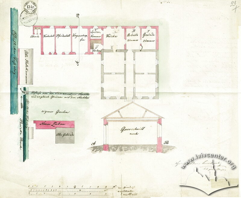 1860 рік. Проект прибудови до існуючого будинку на замовлення барона Лєвартовського.