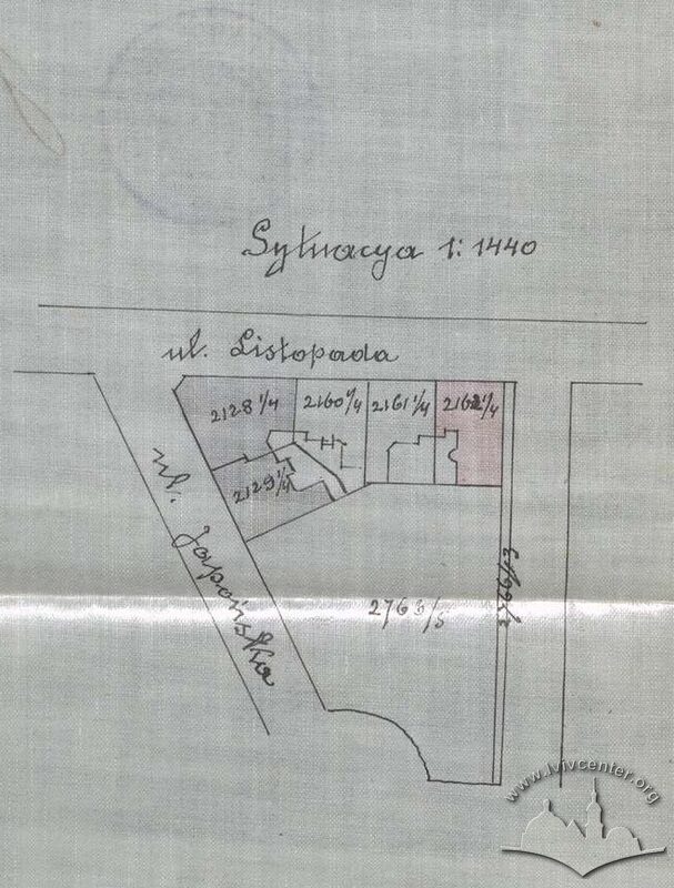 Ситуаційна схема з додаткових креслень, затверджених 1913 року. Зображені всі будинки у кварталі, які спроєктував Драневич