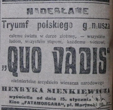 Реклама фільму "Quo vadis" у кінотеатрі "Фатаморгана", газета "Kurjer Lwowski", 13 січня 1918 року