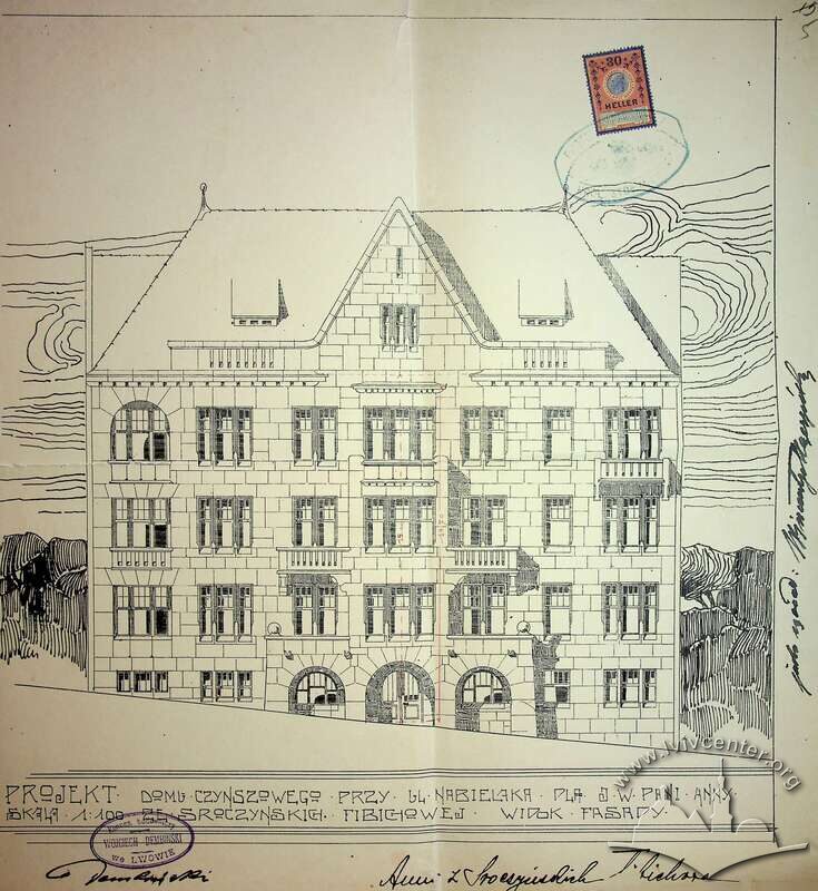 Фасад з первинного проєкту будинку (1910). Виконав Войцєх Дембінський для Анни Фібіх з Срочинських