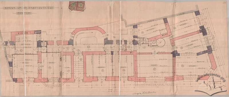 План 1-го поверху, затверджений у квітні 1908 року. Має печатку і підпис Казімєжа Жечицького