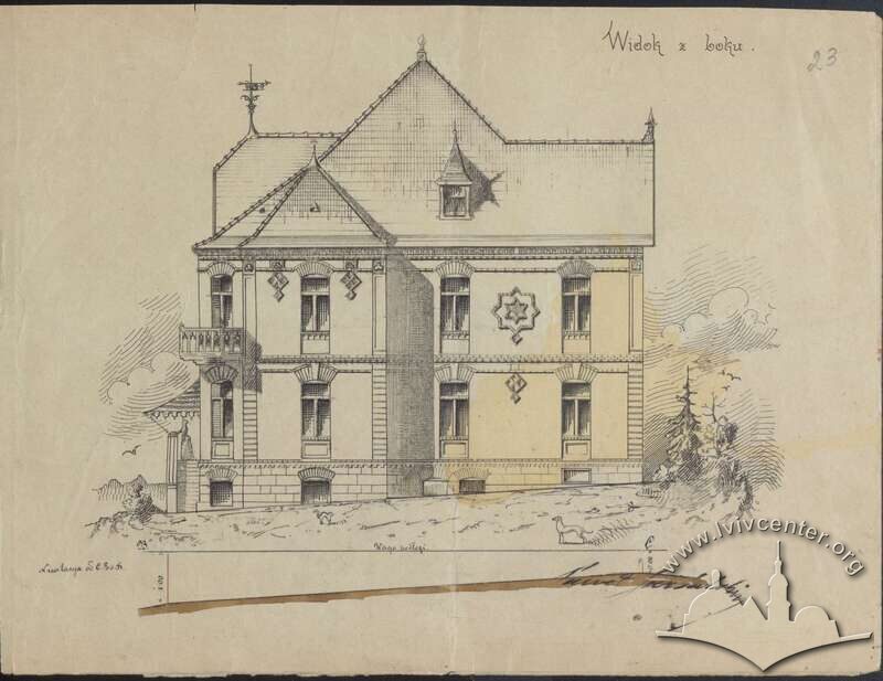Бічний фасад з первинного проєкту будинку (1890)