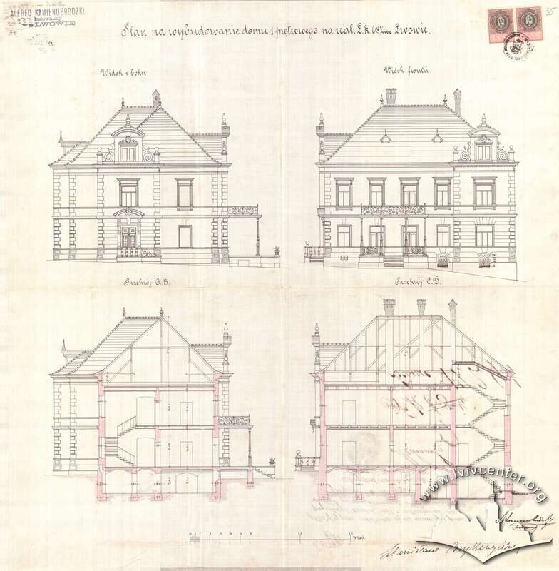Первинний проєкт будинку 1892 року. Виконав Альфред Каменобродський для Станіслава Брикчинського