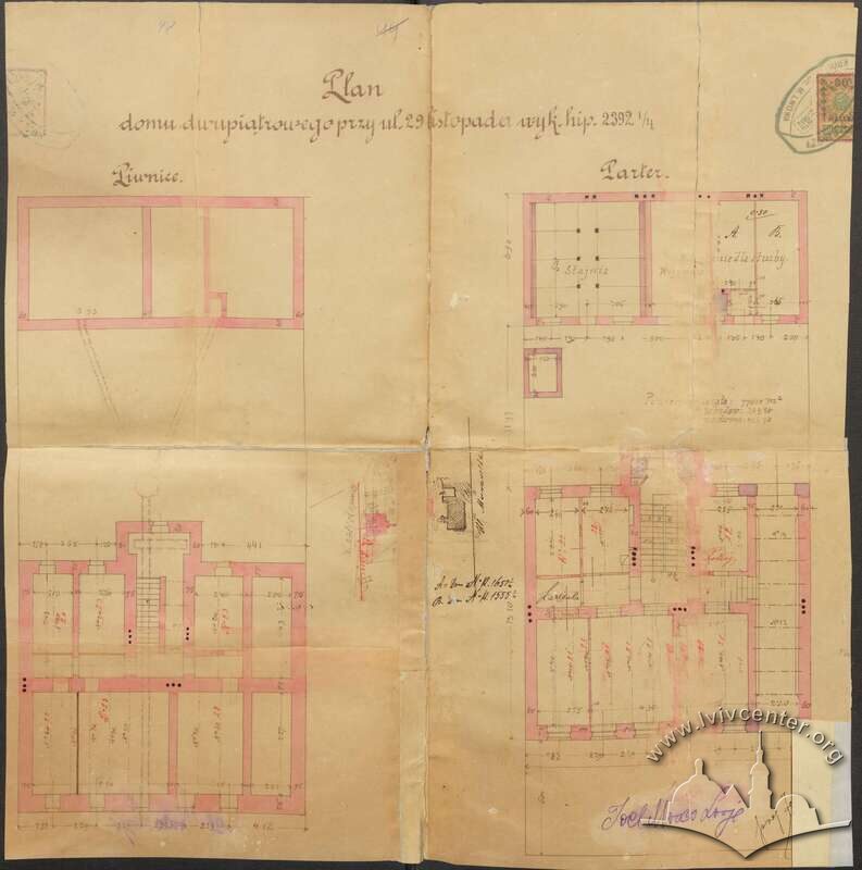 Первинний проєкт кам'яниці з 1907 року авторства Юзефа Ліндера і Міхала Фехтера