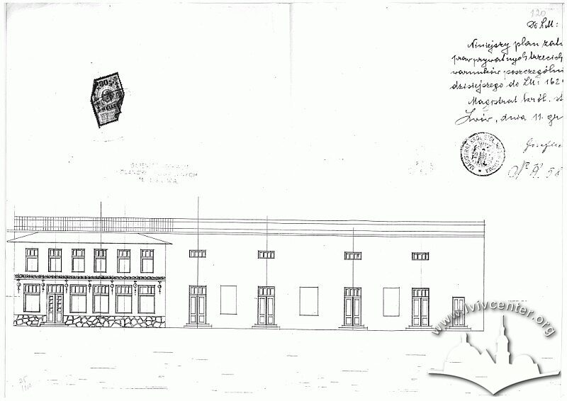Креслення бічного фасаду, варіант проектного рішення, 1929 р.