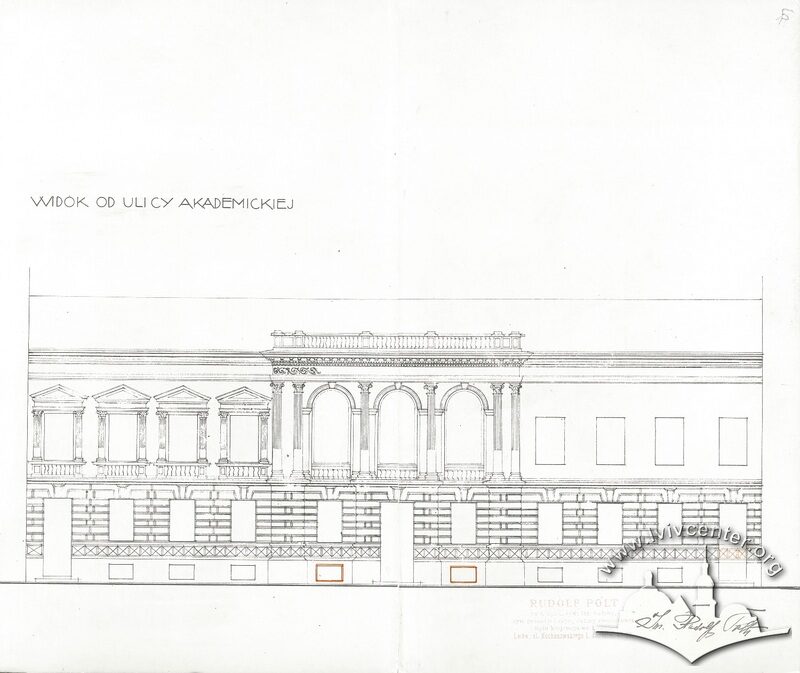 Чільний фасад будинку Казино. Креслення Рудольфа Польта (1933 р.)