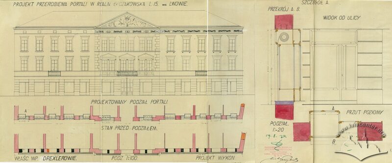Проєкт уніфікації крамничних вітрин по всьому першому поверху, 1935 рік. Будівничий Міхал Негрибецький.