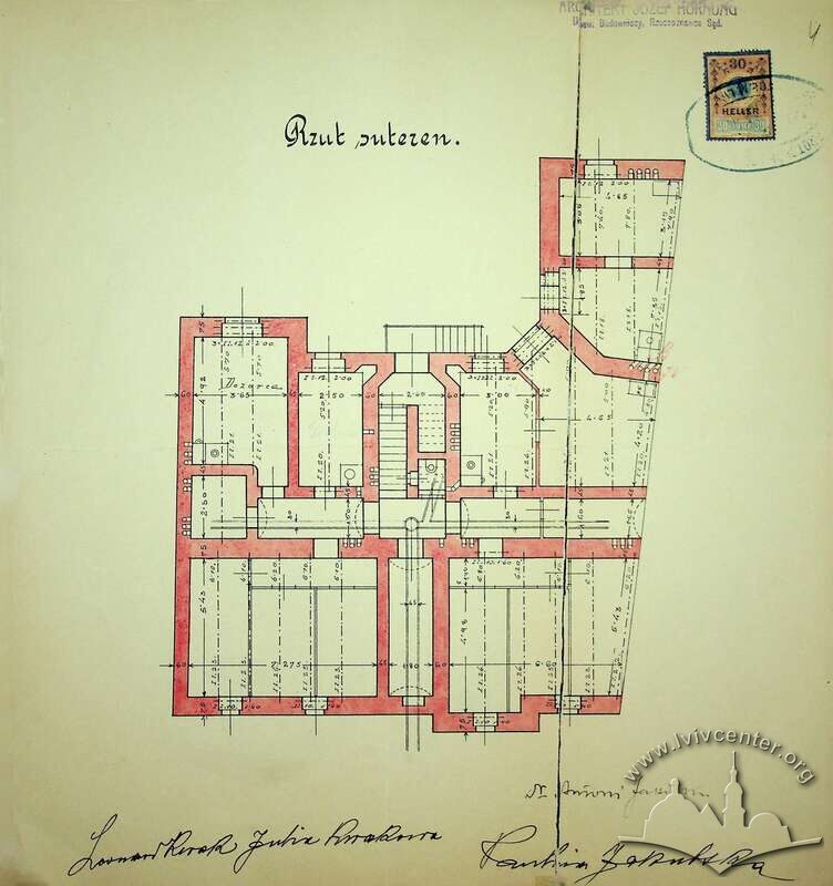 План підвалу з первинного проєкту будинку (1910). Виконав Юзеф Горнунґ.