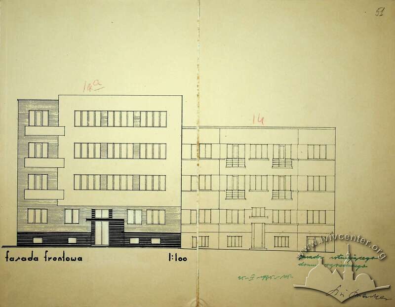 Розгортка фасадів будинків 14 і 14а. Виконав Юзеф Менкер (1935)