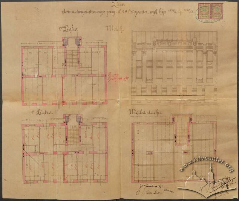 Первинний проєкт будинку з 1906 року авторства Юзефа Ліндера і Міхала Фехтера