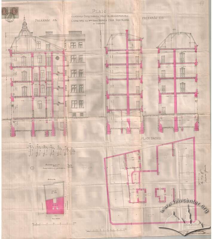 План даху і розрізи будинку (1897), які виконав Якуб Балабан для Кароль Зиґмунта Ріхтмана