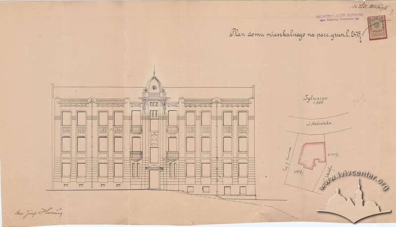 Розгортка фасаду з проєкту 1908 року. Виконав Юзеф Горнунґ