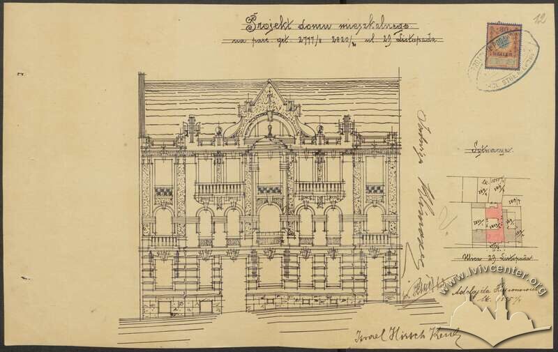 Первинний проєкт фасаду авторства Броніслава Бауера (1910)