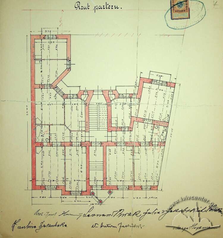 План 1-го поверху з первинного проєкту будинку (1910). Виконав Юзеф Горнунґ