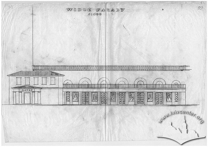 Креслення бічного фасаду, варіант проектного рішення, 1929 р.