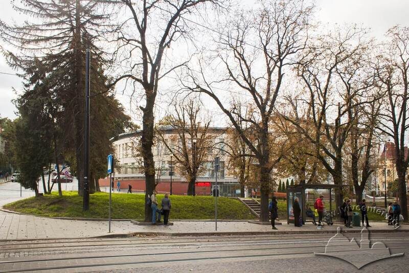 Сквер на розі вулиць Франка, Свєнціцького і Самчука де раніше стояв пам'ятник Ніколаю Кузнєцову. На тлі, за деревами, будівля Польського консульства