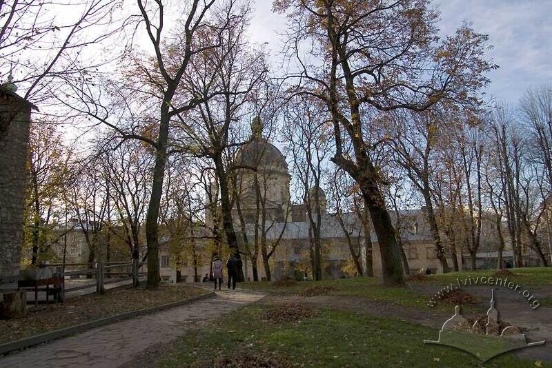 Алеї вул. Підвальної – Винниченка. За деревами видно обриси історичної забудови середмістя.